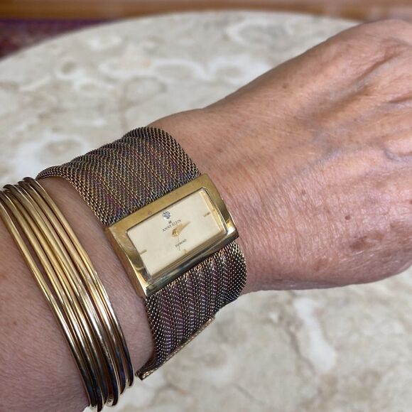 Anne Klein Wide Mesh Band Gold Tone Diamond Stainless Steel Watch - Picture 3 of 11